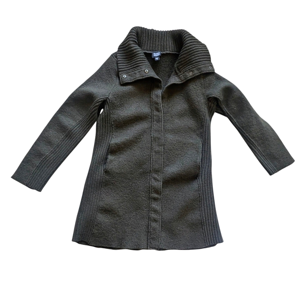Eileen Fisher Green Boiled Wool Coat High Collar Thigh Length Jacket sz S